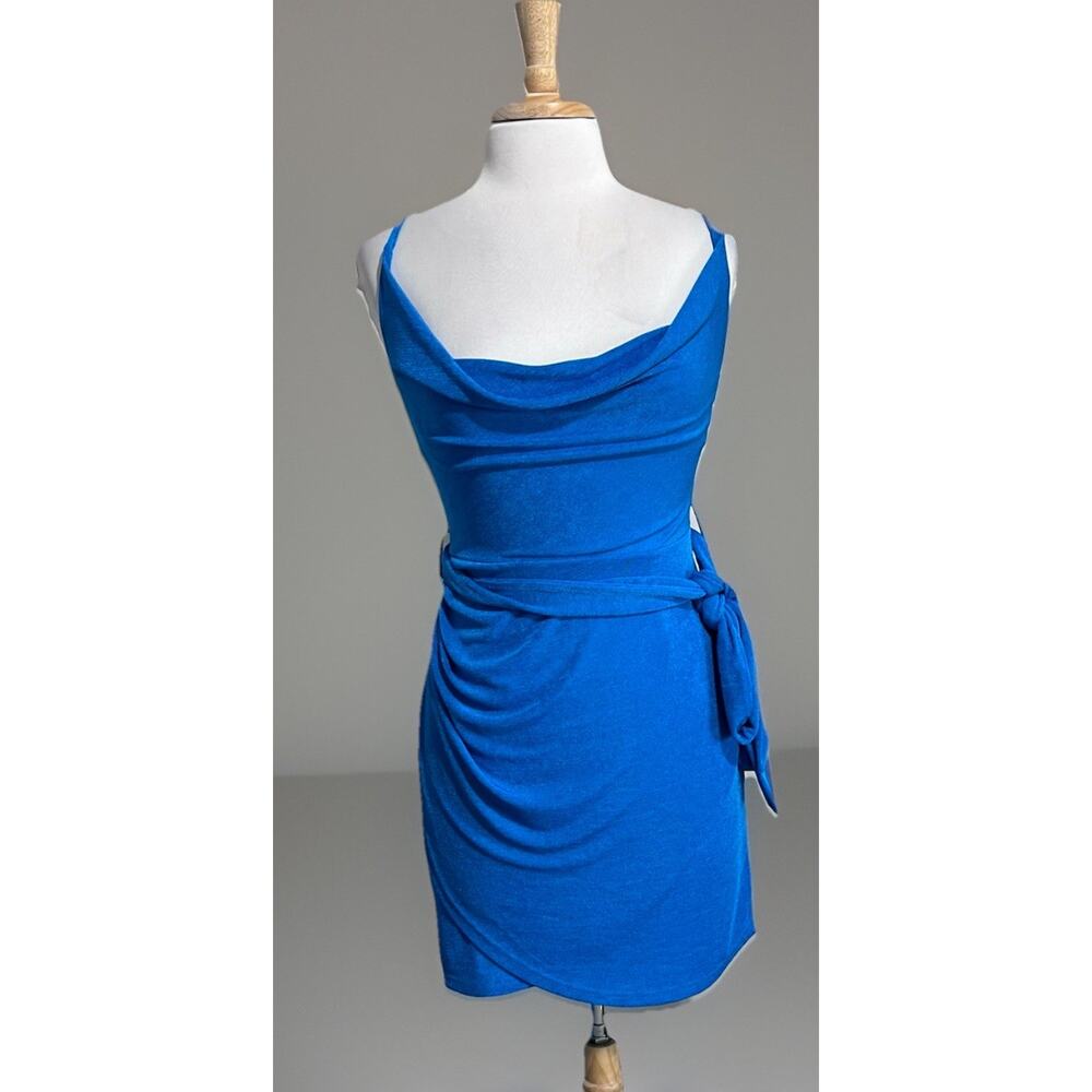 Mable Women's M Belted Dress Sleeveless Ruche Metallic Blue Clubwear Bodycon